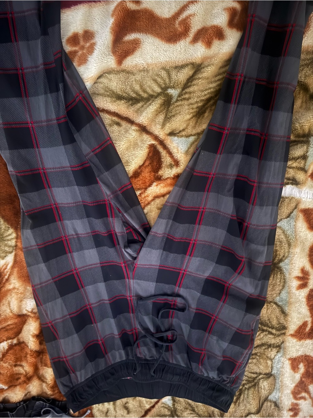 Plaid Mens Lounge Pants - Black & Gray with Red Accent
